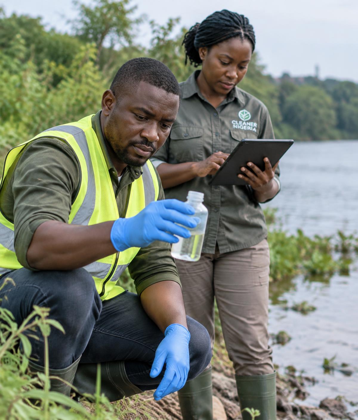 Environmental scientists collecting a water sample during a field survey