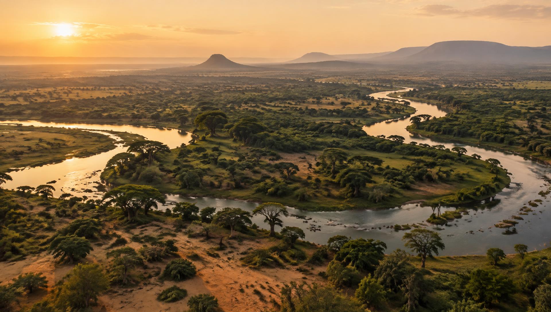 River and woodland landscape in northern Nigeria at sunrise